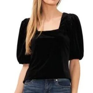 CeCe Black Velvet Square Neck Puff Sleeve Top, Size XL